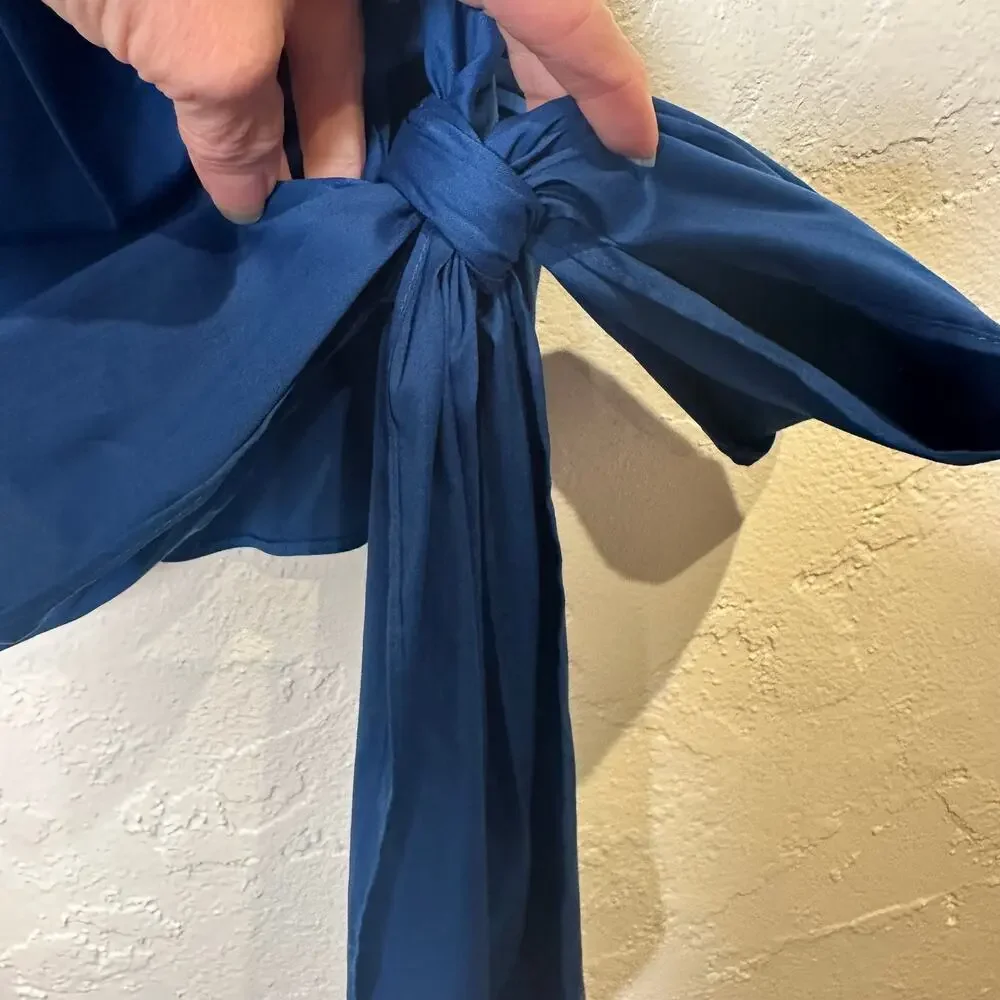 NWT WHBM Size 10 Blouse Asymmetrical Bow Royal Blue Side Ruching Puff Sleeve8